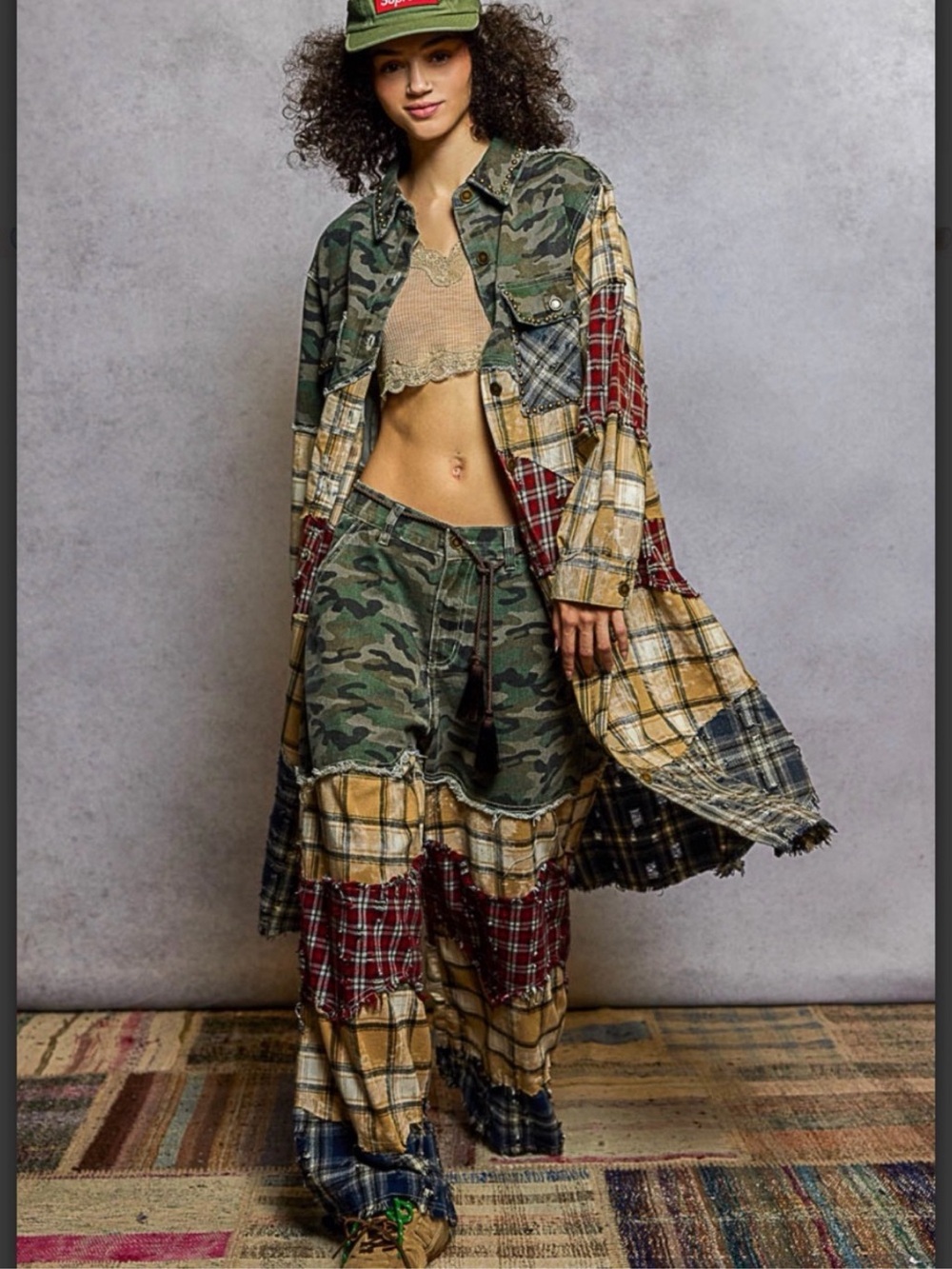 POL Patchwork Plaid & Camo Wide Leg Pants and Midi Duster Set - Picture 6 of 8